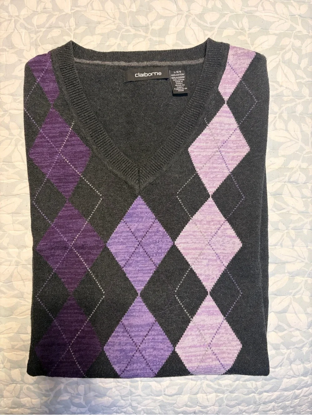 Claiborne Charcoal Gray Sweater Vest with Purple Argyle Columns